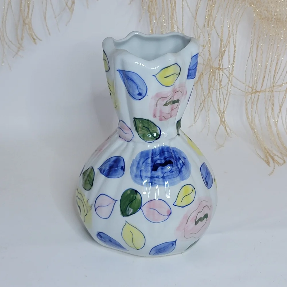 Boutique Hand Painted Clay Motif Ceramic Floral Vase Yellow blue green